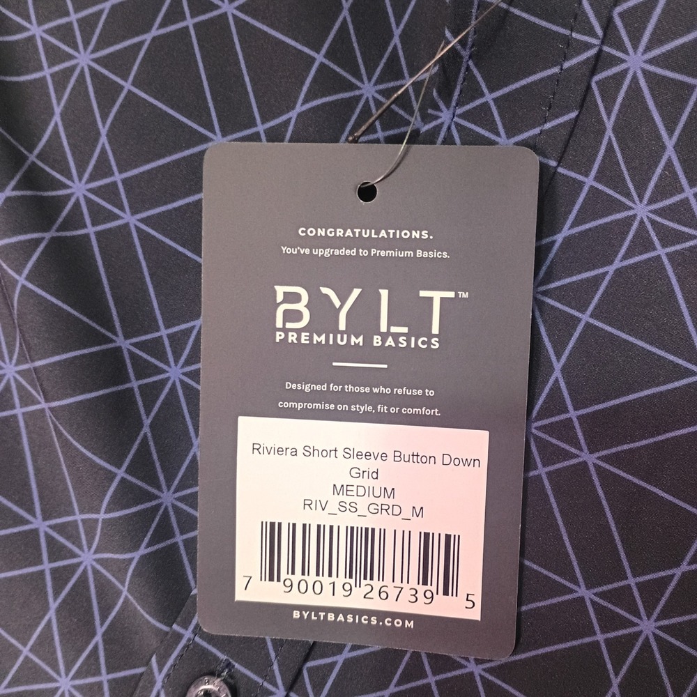 BYLT Riviera Short Sleeve Button Down Grid Navy Blue Mens Medium Stretch Casual - Picture 8 of 14